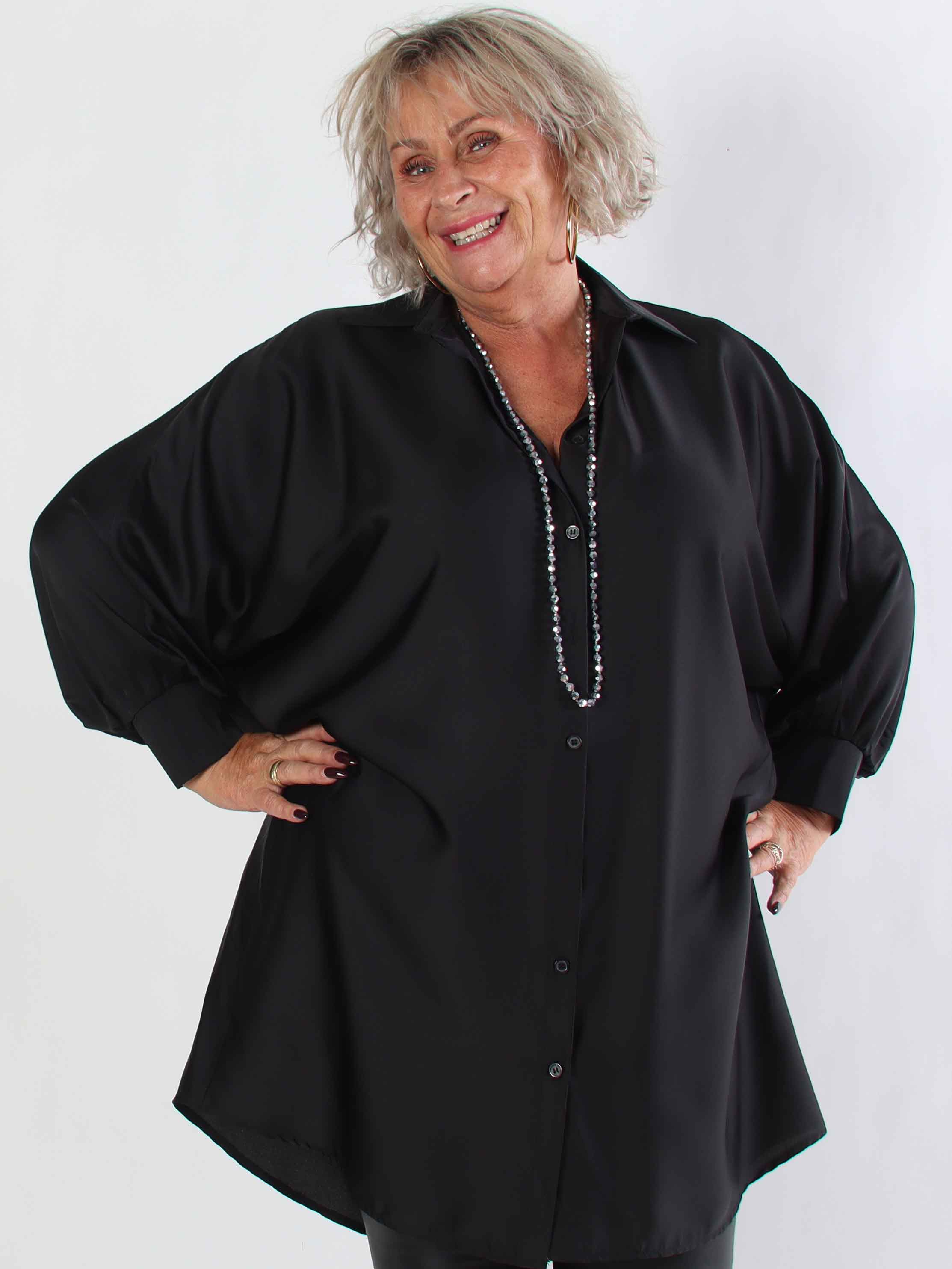 Feliciti long - Shiny plus size skjortekjole med flagermusærmer